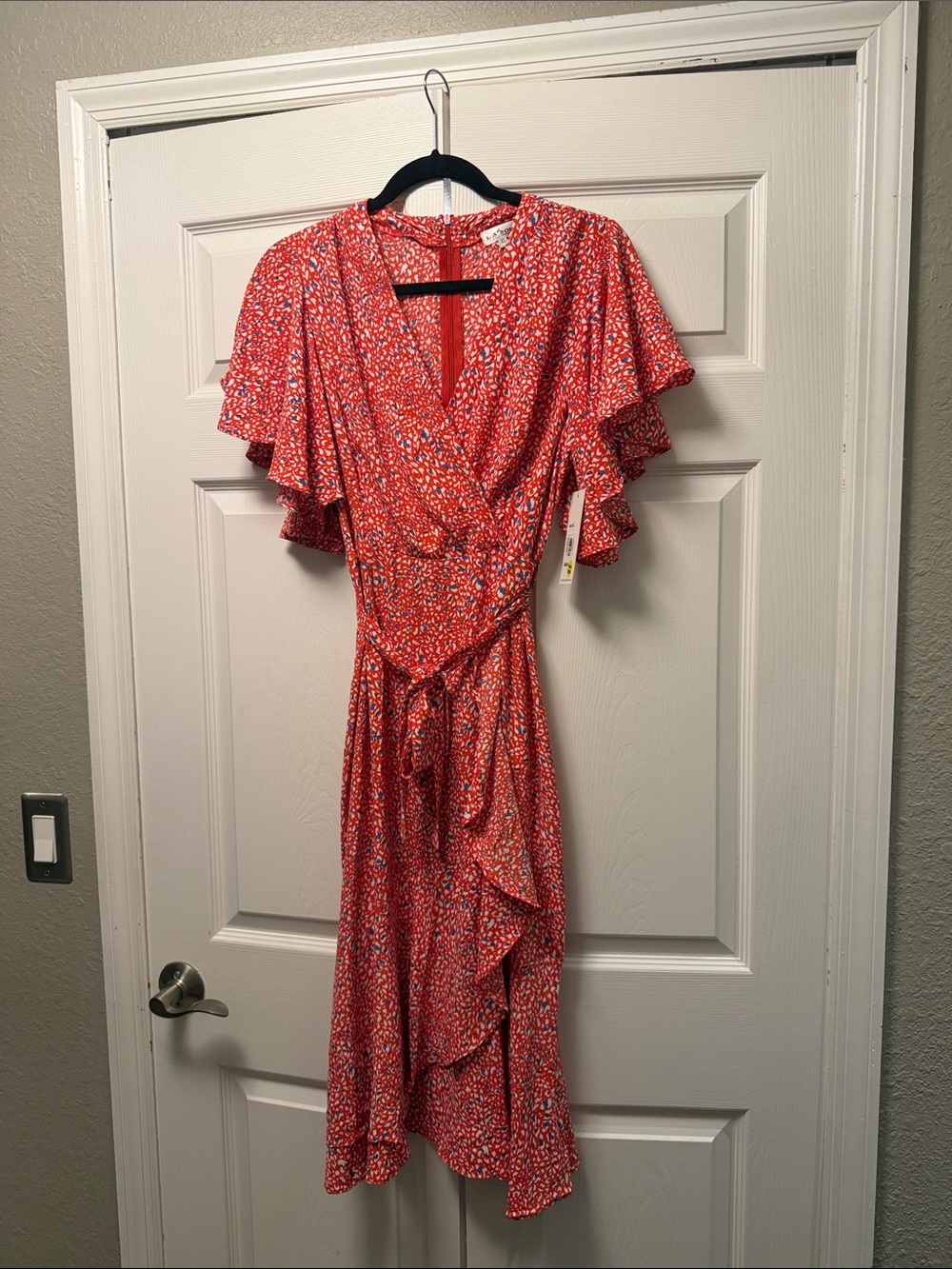 Red Floral Wrap Midi Dress with Ruffle Sleeves and Tie Waist